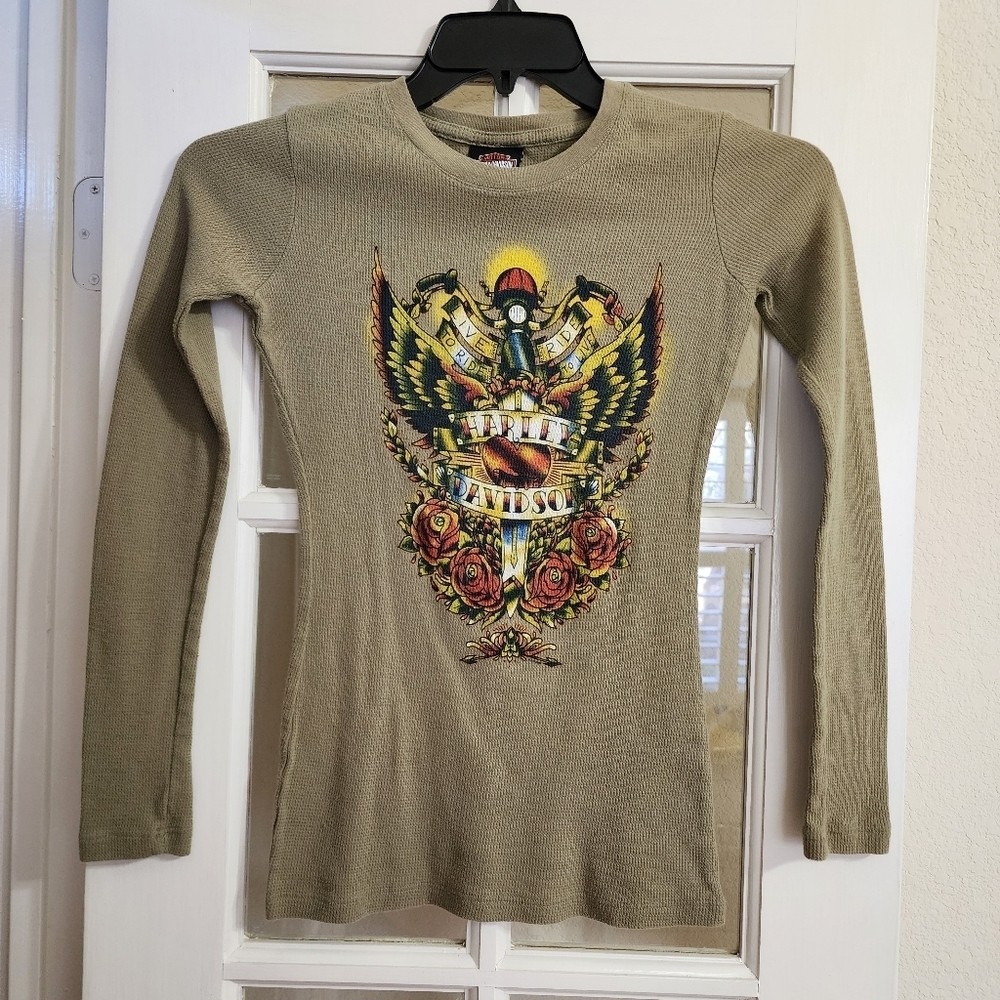 Harley Davidson Waffle Knit Thermal Long Sleeve Top Womens Small Mancuso Houston